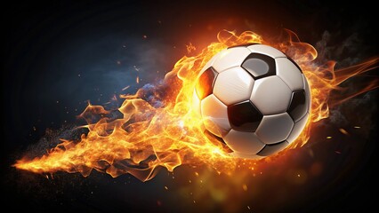 Naklejka premium Illuminated flaming soccer ball with fiery trails and sparks, set against a dark background, symbolizing passion, energy, and competitive spirit in the sport.