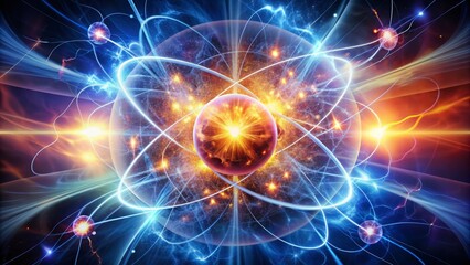 Innovative scientific illustration of atomic nucleus fusion reaction, with swirling electrons, protons, and neutrons, surrounded by radiant energy bursts and lightning-like plasma arcs.