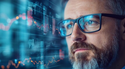 Close-up portrait of a thoughtful man analyzing digital data trends, showcasing technology and finance in a modern workspace.