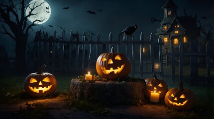 The eerie beauty of a Halloween night with fog-covered streets, glowing lanterns, and spooky props creating a festive ambiance