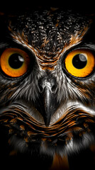 A close up of an owl's face with its eyes open and yellow. The owl's eyes are large and seem to be staring at the viewer. The image has a mysterious and intriguing mood