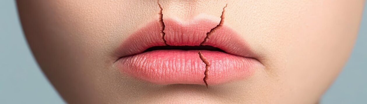 Cracked, parched lips in extreme close-up, illustrating physical suffering and dehydration