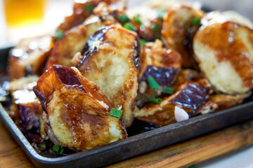 A delicious Chinese dish, deep fried eggplant stuffed with meat