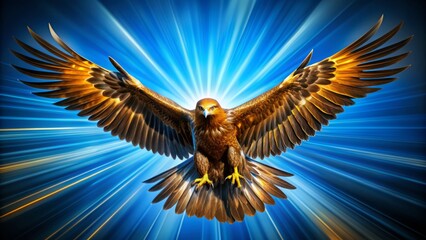 Obraz premium Majestic golden eagle in mid-flight, wings spread wide, set against a vibrant blue background, created with sleek, modern vector graphics and bold lines.