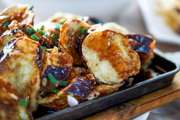 A delicious Chinese dish, deep fried eggplant stuffed with meat
