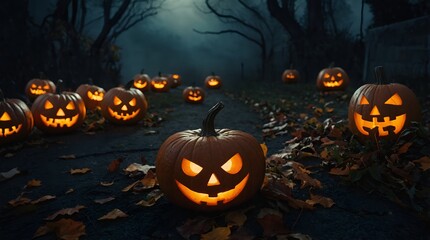 A collection of Halloween decorations including spooky masks, ghostly figures, and eerie lighting creating a chilling atmosphere