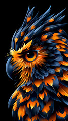 Obraz premium A colorful owl with orange and blue feathers. The owl has a fierce look on its face, with its eyes staring straight ahead. The feathers are arranged in a way that creates a sense of movement