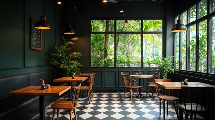 Fototapeta premium Contemporary cafe interior with green plants, wooden tables, and large windows creating a cozy atmosphere for relaxation.