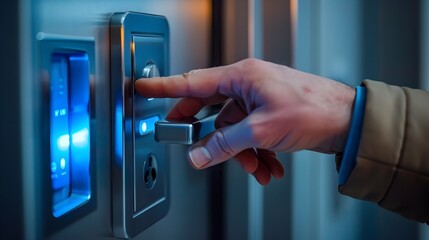 Hand opening a door with a digital lock.