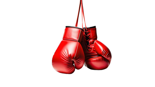 Pair of red leather boxing gloves isolated on a transparent or white background.