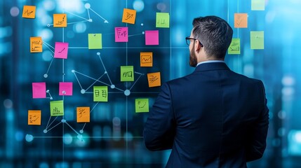 Creative businessman analyzing colorful sticky notes on a glass wall, representing brainstorming and innovative planning.