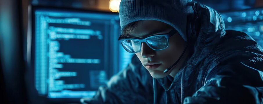 Focused young hacker working on a computer, wearing glasses and headset in a high-tech environment with code on screens.