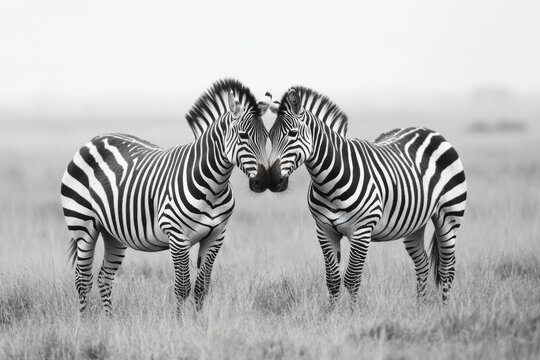 black and white photo of two zebras touch each other's heads in a field 