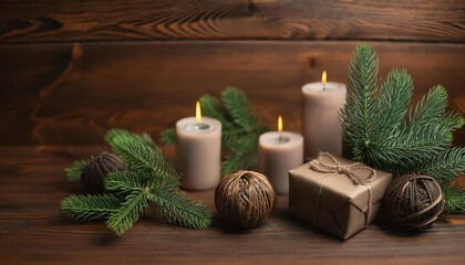  traditional christmas decoration on wooden background with candles and gifts