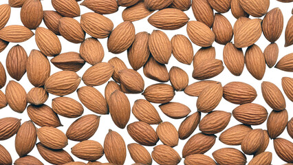 Pattern Organic almond nut raw peeled as background, top view. Healthy snack or for vegetarians. copy space banner.