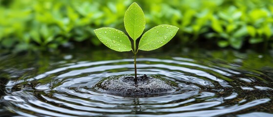 A vibrant green sprout emerges from rippling water symbolizing growth, renewal, and the beauty of nature