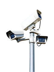 Security CCTV cameras mounted on a pole, isolated on a transparent or white background.