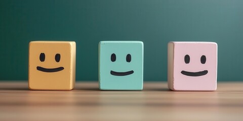 Colorful wooden blocks with smiling faces, symbolizing happiness and positivity. Perfect for children's decor or educational materials