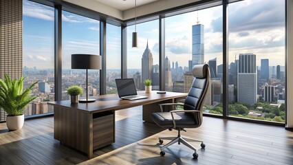 Modern minimalist workspace with sleek black desk, ergonomic chair, and floor-to-ceiling windows overlooking a bustling cityscape, conveying productivity and professionalism.