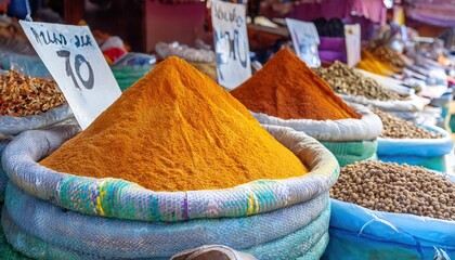 traditional roadside market with stalls filled with colorful spices