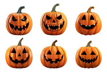 Collection of spooky jack-o'-lantern pumpkins with various carved faces for Halloween