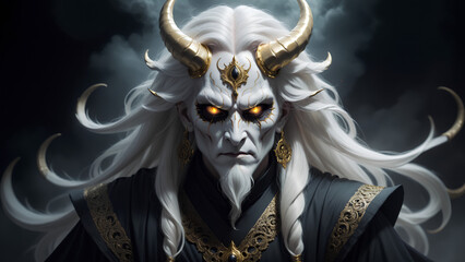 menacing figure with a demonic mask adorned with intricate golden details and two large