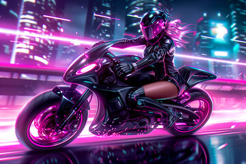 A woman is riding a motorcycle in a neon city street. The image has a futuristic and vibrant feel to it, with the neon lights and the woman's helmet adding to the overall atmosphere