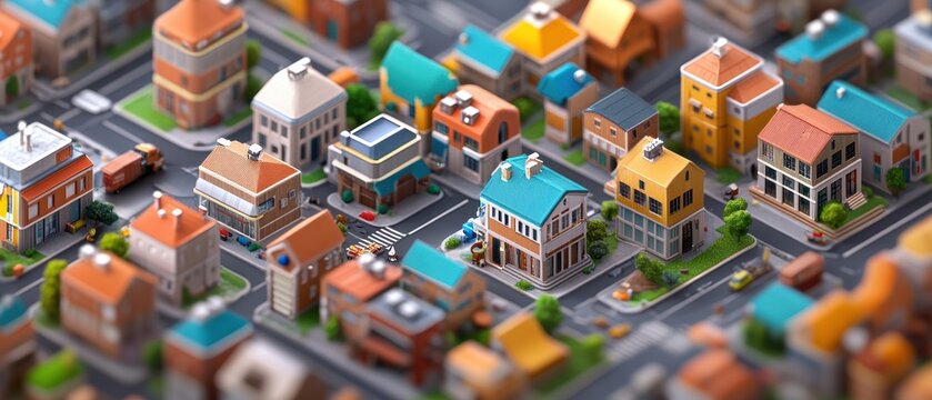 Vibrant Isometric Cityscape with Colorful Marketplaces and Bustling Activity