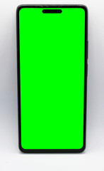 selective focus isolated on white, cellphone or smartphone with green screen