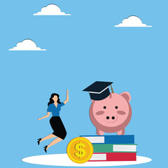 Happy woman near stack of books and piggy bank