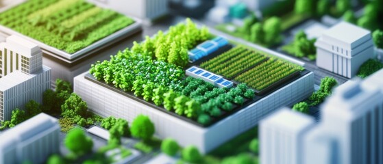 Urban Oasis - Closeup Isometric View of Lush Rooftop Farm on City Building