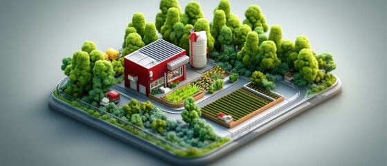 Vibrant Urban Farmland: Detailed Isometric Cityscape with Lush Green Gardens and Eco-Friendly Agriculture