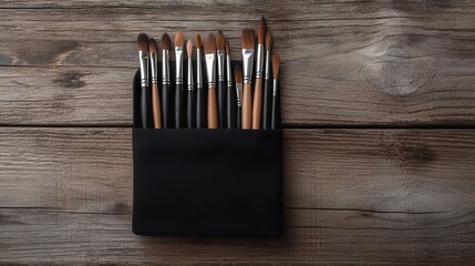 Obraz premium Portable brush holder with compact design, filled with brushes of different sizes, placed on a wooden table with a half-finished painting