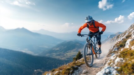 Fototapeta premium A cyclist racing down a mountain trail, with the landscape blending into a blur of motion.