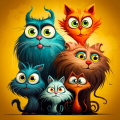 Fototapeta premium Whimsical illustration of five colorful cartoon cats with big expressive eyes and quirky features set against a bright yellow background exuding a playful and fun vibe