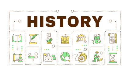 History concept on white. School subject. Archeology. Ancient times. Academic discipline. Creative illustration banner surrounded by editable line colorful icons. Hubot Sans font used