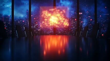 Futuristic conference room with city view, glowing screen, and reflective floor, ideal for tech and business themes.