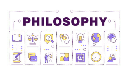 Philosophy discipline word concept on white. School subject. Critical thinking. Human existence. Creative illustration banner surrounded by editable line colorful icons. Hubot Sans font used