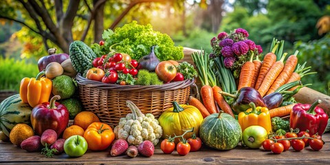 Vibrant arrangement of fresh organic fruits and vegetables on a rustic wooden table, showcasing colorful seasonal produce in a natural and earthy setting.