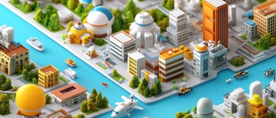 Futuristic Isometric Cityscape with Space Travel Launchpads and Skyscrapers