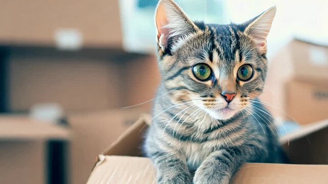 Cute tabby cat resting on a cardboard box, surrounded by moving boxes, symbolizing home relocation and pet companionship.