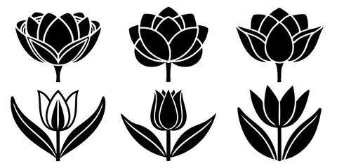 Different style tulip flower icons set, silhouette vector illustration