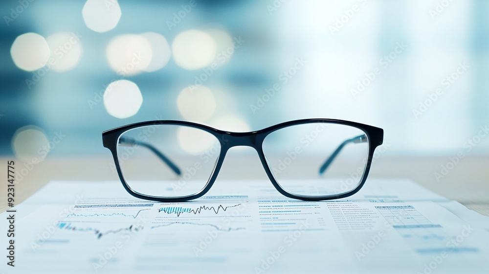 Wall mural a pair of eyeglasses rests on a bond market report with highlighted sections indicating the impact o