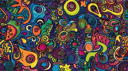 Fototapeta premium Colorful, hand-drawn doodles in a flat design, symbolizing the hippie lifestyle and concepts of peace and love.