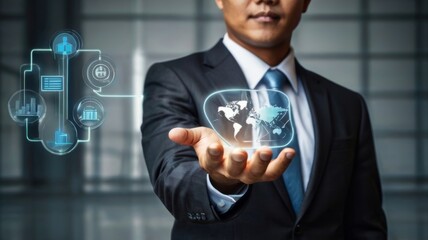 Businessman holding virtual productivity icon for industry