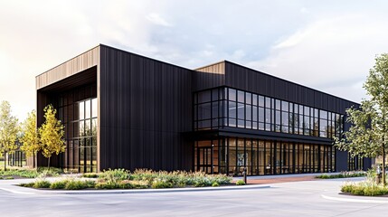 Fototapeta premium Modern architectural design featuring a sleek black exterior and large glass windows, surrounded by landscaped greenery.