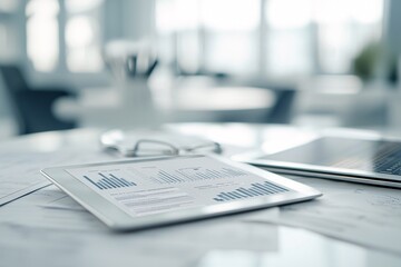 Obraz premium A professional setting featuring a desk with bond certificates, a financial report on interest rates, and a tablet displaying a market analysis app. The scene is arranged to provide significant copy