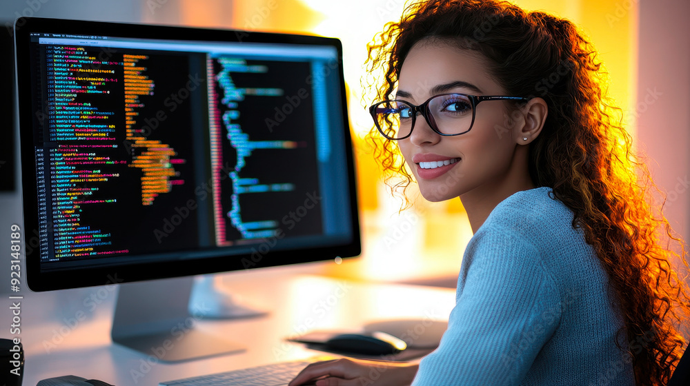 Poster young woman programmer coding on computer in modern office, smiling and confident, coding screen vis
