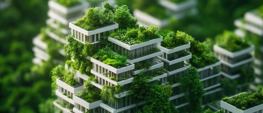 Eco-Friendly Urban Oasis: Isometric Cityscape with Green Facades and Living Walls