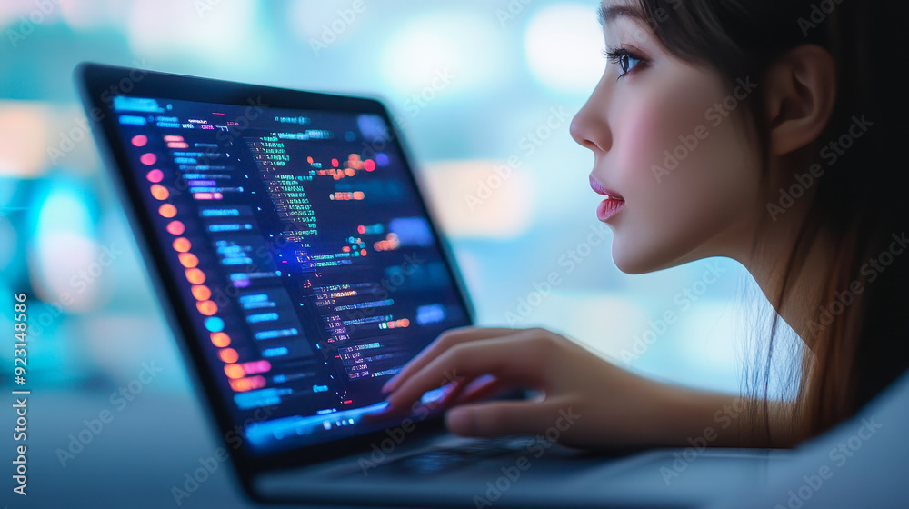 Poster focused young woman coding on laptop, analyzing colorful code on screen, technology and software dev